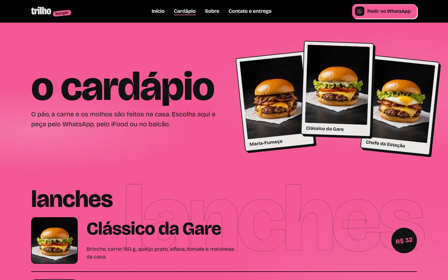 Página do cardápio do Trilho Burger, rosa, com três fotos de lanches em polaroides
