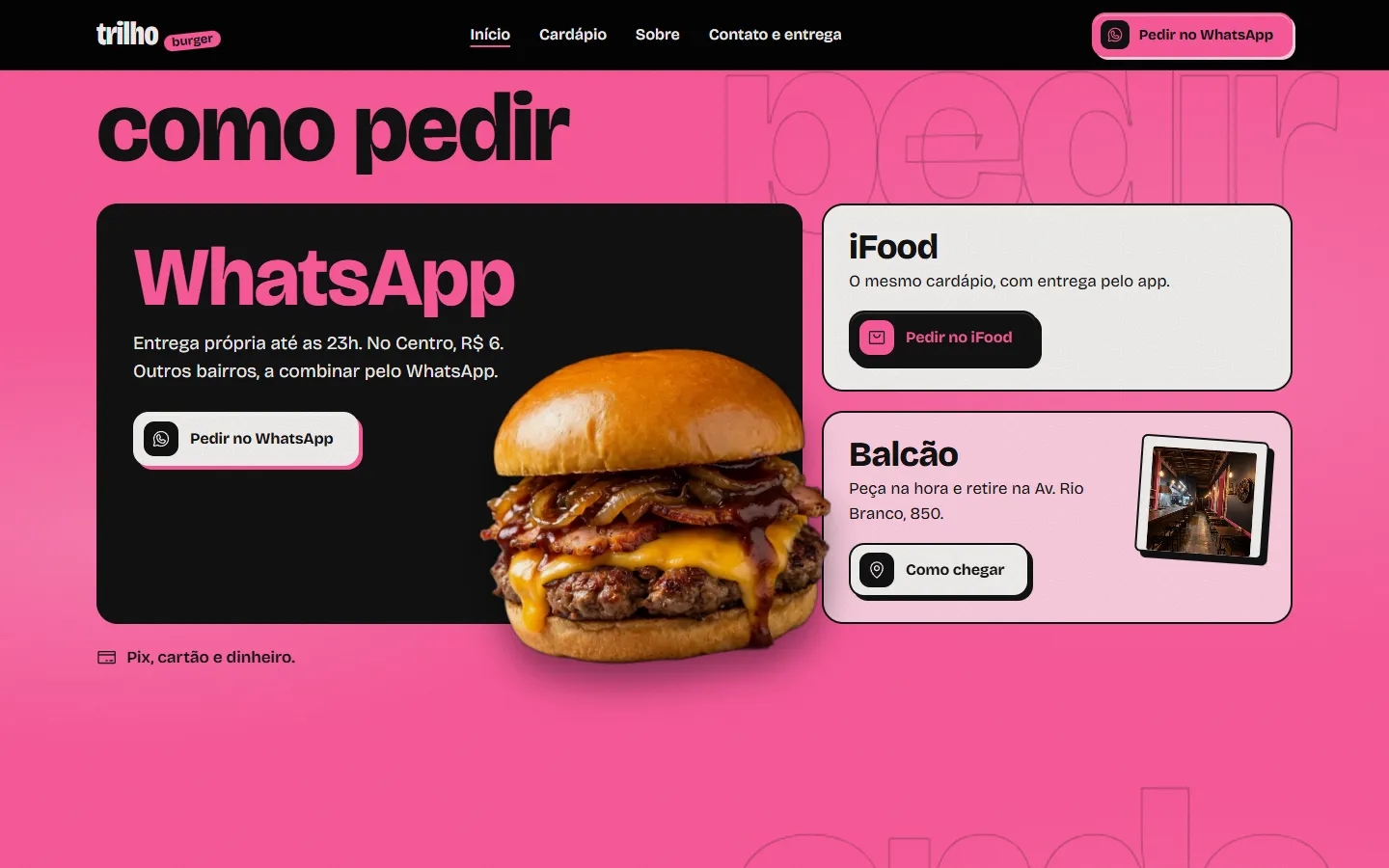 Seção Como pedir do Trilho Burger, com WhatsApp, iFood e retirada no balcão